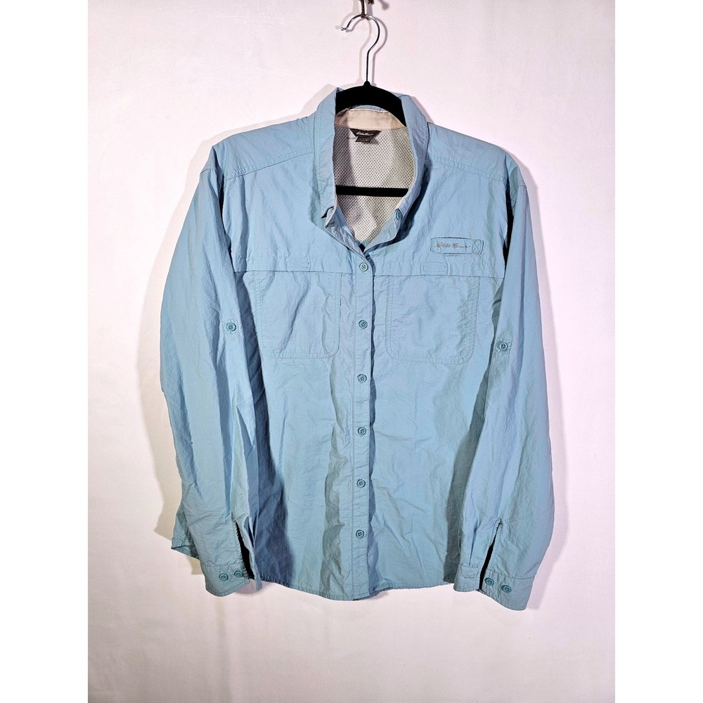 Gorpcore Utility Outdoor Hiking Camping Eddie Bauer Button Up Shirt Women L Blue